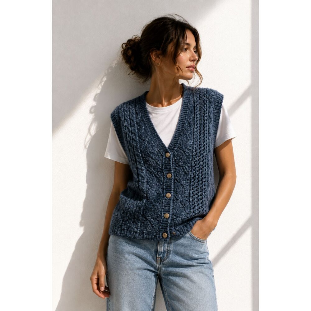 Vintage Paris Sport Club Mohair Cable Knit Sweater Vest Women’s L Blue Oversized